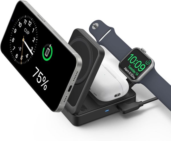 Anker MagGo 3 in 1 iPhone 16 Charging Station, MagSafe-Compatible Wireless Charger Stand, Qi2 Certified 15W Foldable Charger for iPhone 15/14, AirPods, Apple Watch 9 (40W USB-C Adapter Included)
